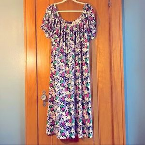 Eloquii Navy Empire Waist Dress with lavender, hot pink and white flowers SZ 18
